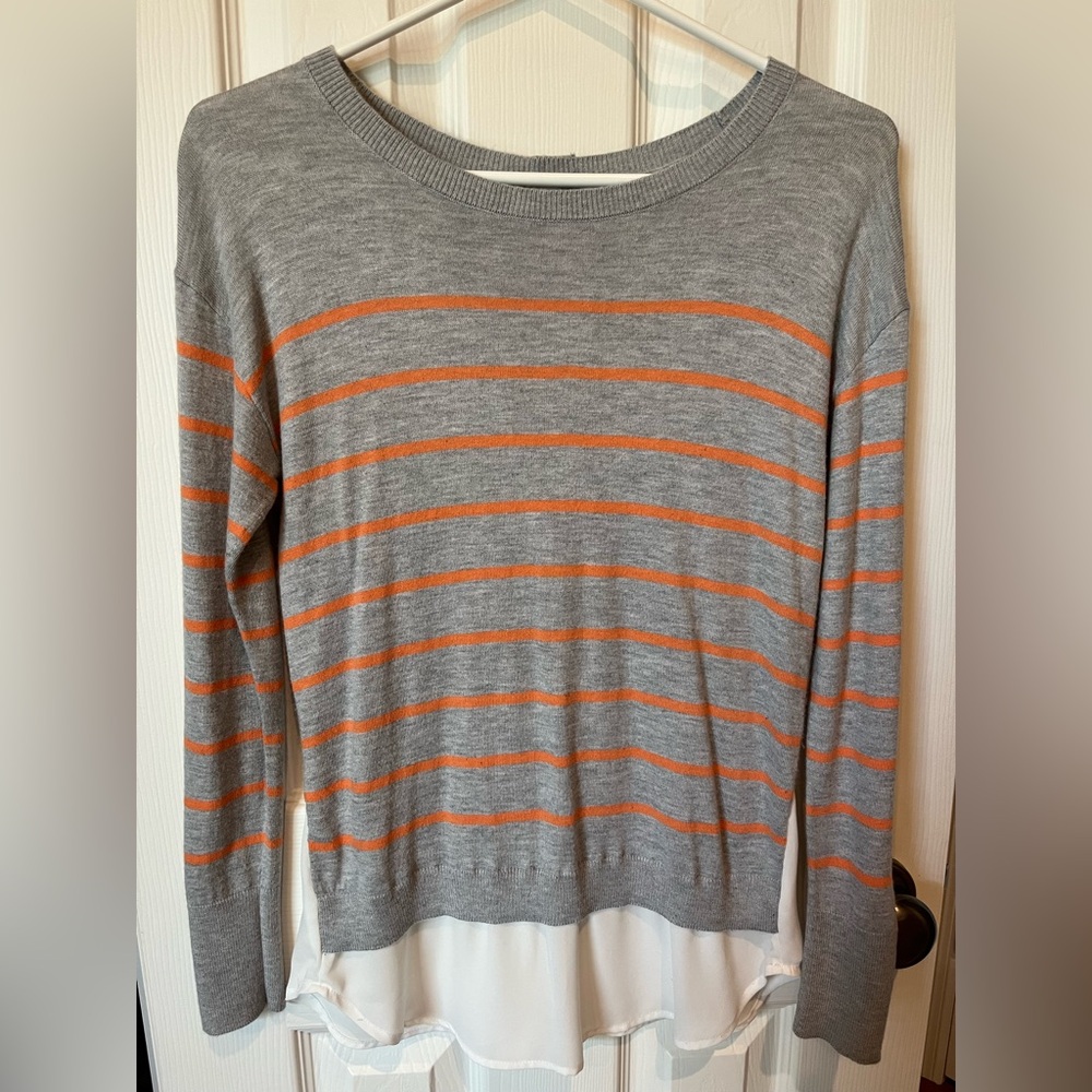 Halogen Gray and Orange Crewneck Sweater with Flowy White Trim